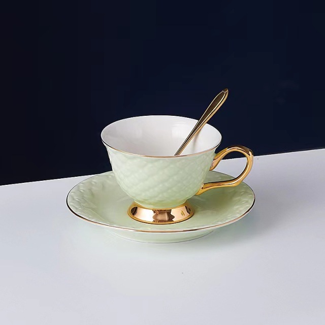 Elegant Mermaid Scale Ceramic Tea Cup Set with Gold Rim -Porcelain Cups and Saucers for Afternoon Tea