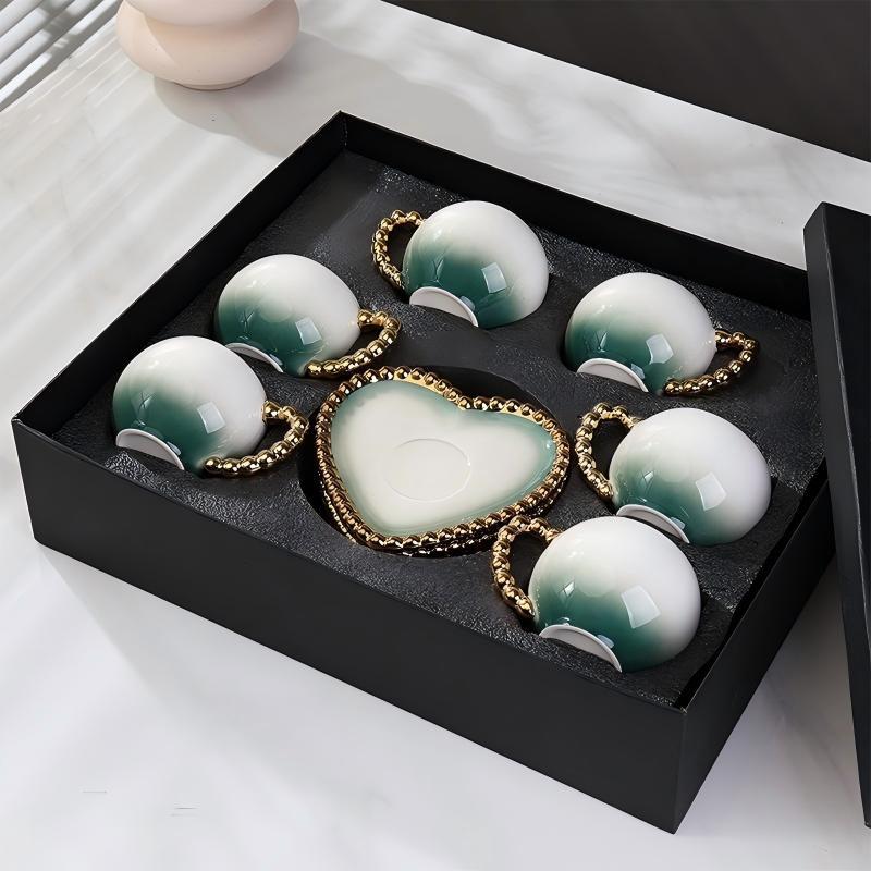 Luxury Pink Heart-Shaped Ceramic Cup& Saucer Set with Gold Chain Handle -6 Cups & 6 Saucers for Coffee/Tea Party