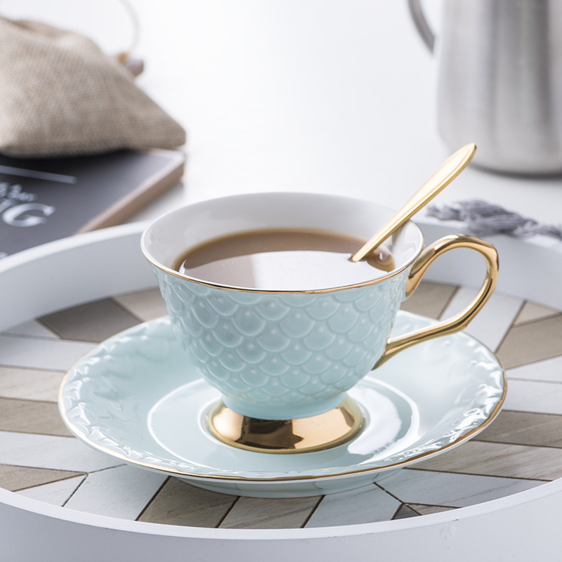 Elegant Mermaid Scale Ceramic Tea Cup Set with Gold Rim -Porcelain Cups and Saucers for Afternoon Tea