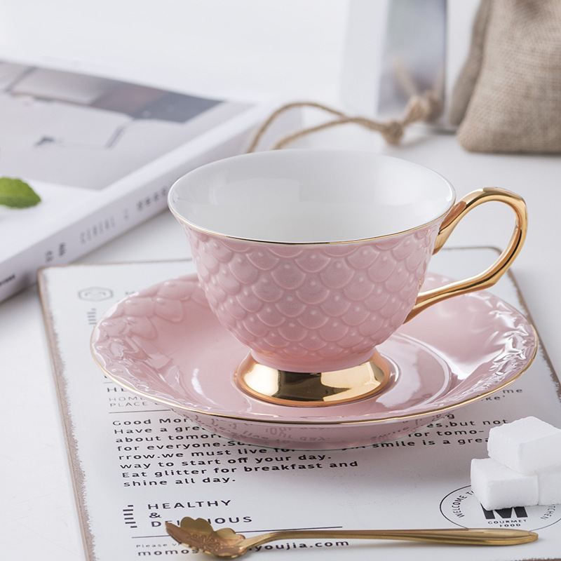 Elegant Mermaid Scale Ceramic Tea Cup Set with Gold Rim -Porcelain Cups and Saucers for Afternoon Tea