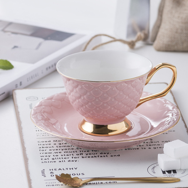 Elegant Mermaid Scale Ceramic Tea Cup Set with Gold Rim -Porcelain Cups and Saucers for Afternoon Tea