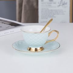 Elegant Mermaid Scale Ceramic Tea Cup Set with Gold Rim -Porcelain Cups and Saucers for Afternoon Tea