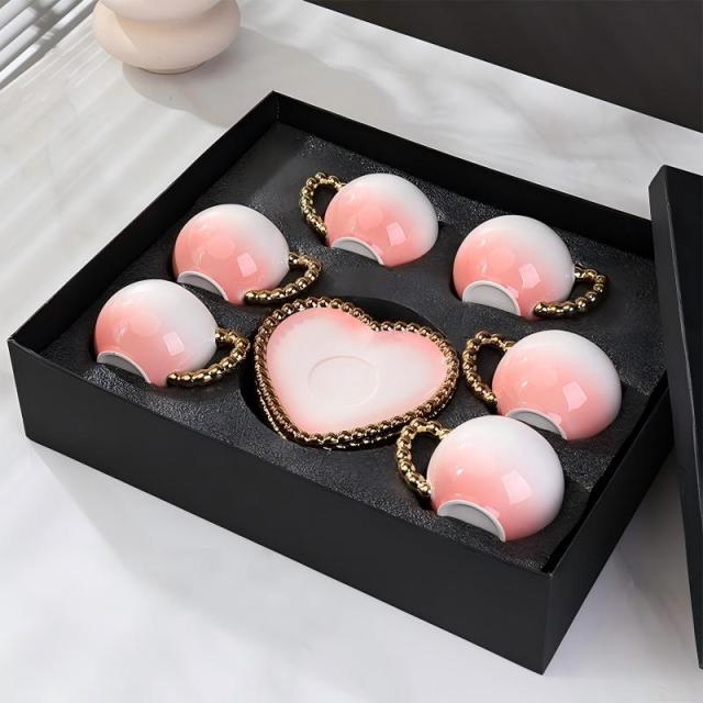 Luxury Pink Heart-Shaped Ceramic Cup& Saucer Set with Gold Chain Handle -6 Cups & 6 Saucers for Coffee/Tea Party
