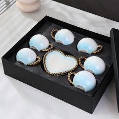 Luxury Pink Heart-Shaped Ceramic Cup& Saucer Set with Gold Chain Handle -6 Cups & 6 Saucers for Coffee/Tea Party