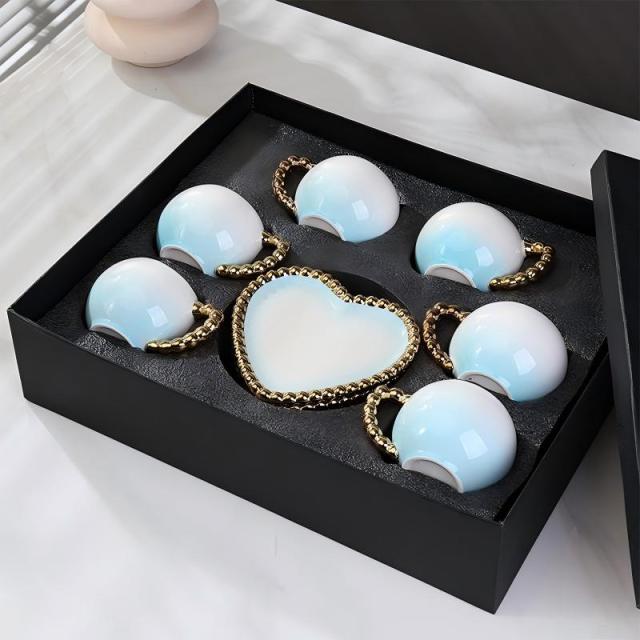 Luxury Pink Heart-Shaped Ceramic Cup& Saucer Set with Gold Chain Handle -6 Cups & 6 Saucers for Coffee/Tea Party
