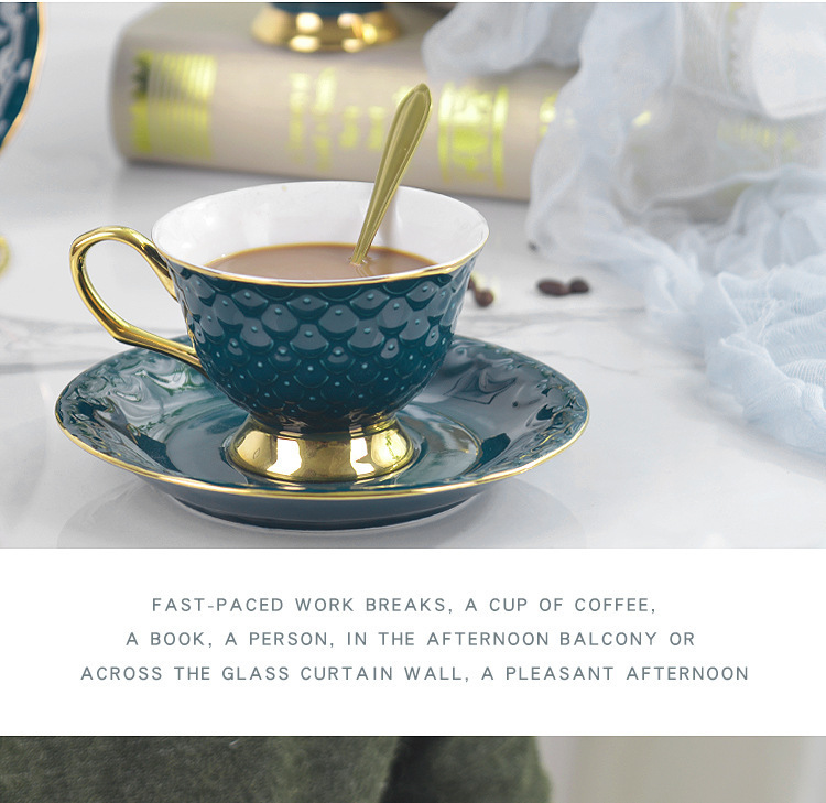 Elegant Mermaid Scale Ceramic Tea Cup Set with Gold Rim -Porcelain Cups and Saucers for Afternoon Tea