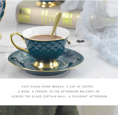 Elegant Mermaid Scale Ceramic Tea Cup Set with Gold Rim -Porcelain Cups and Saucers for Afternoon Tea