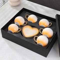Luxury Pink Heart-Shaped Ceramic Cup& Saucer Set with Gold Chain Handle -6 Cups & 6 Saucers for Coffee/Tea Party
