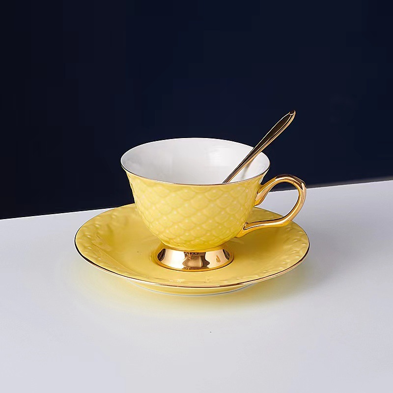 Elegant Mermaid Scale Ceramic Tea Cup Set with Gold Rim -Porcelain Cups and Saucers for Afternoon Tea