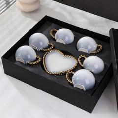 Luxury Pink Heart-Shaped Ceramic Cup& Saucer Set with Gold Chain Handle -6 Cups & 6 Saucers for Coffee/Tea Party