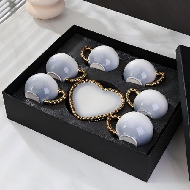 Luxury Pink Heart-Shaped Ceramic Cup& Saucer Set with Gold Chain Handle -6 Cups & 6 Saucers for Coffee/Tea Party