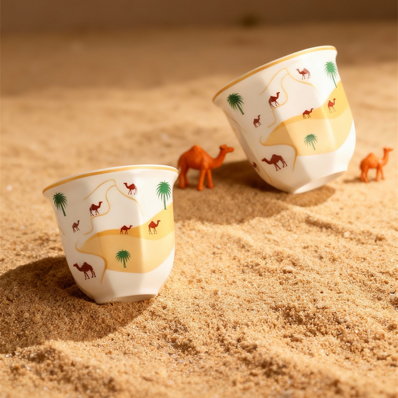 Arabic Turkish Greek Coffee Mirra Porcelain Cups with Holders Kava Gava (Gold)