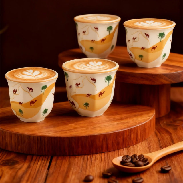 Arabic Turkish Greek Coffee Mirra Porcelain Cups with Holders Kava Gava (Gold)