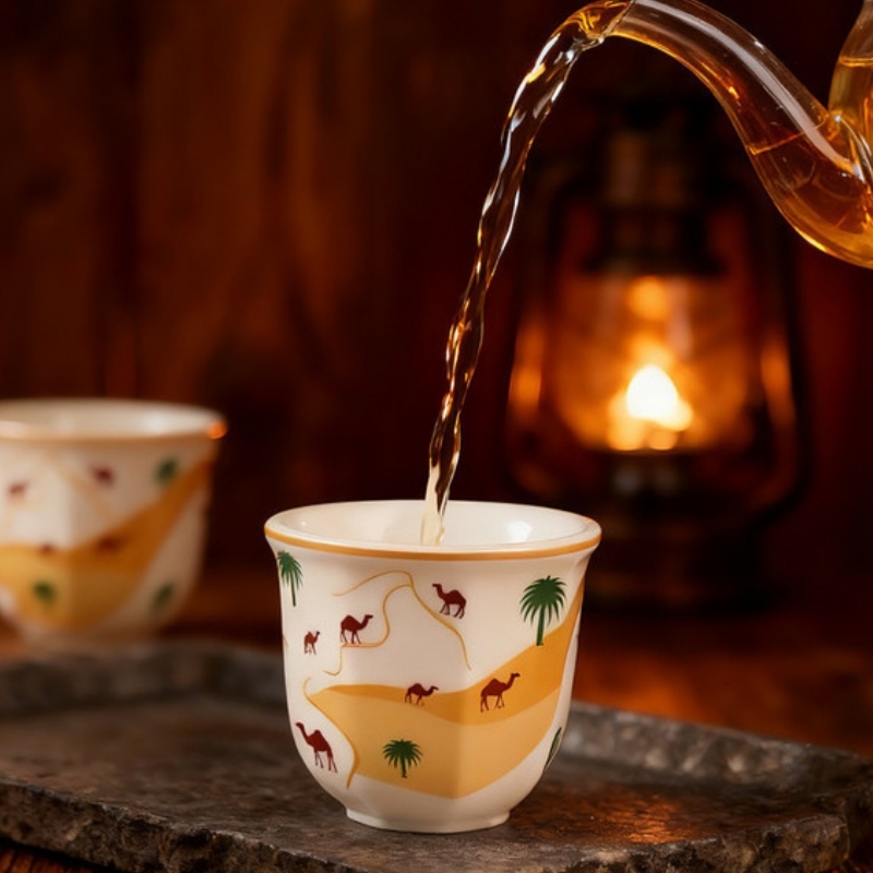 Arabic Turkish Greek Coffee Mirra Porcelain Cups with Holders Kava Gava (Gold)