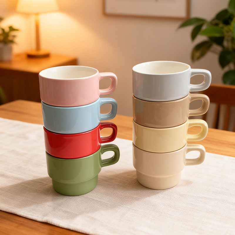 Ceramic stacked coffee cups can be customized with logos