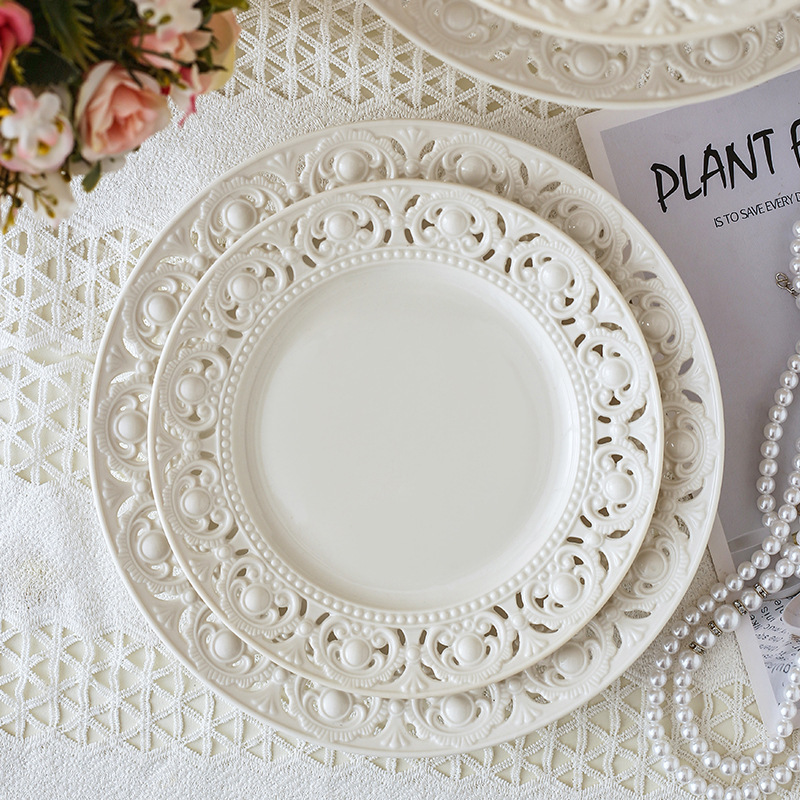 Vintage Carved White Ceramic Wedding Dinner Plates Set - Elegant Tableware for Wedding Reception & Banquet