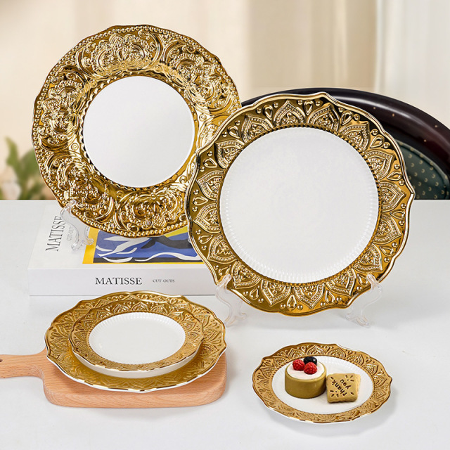 Luxury Gold Embossed Wedding Dinnerware Set | Ornate Metallic Plates for Bridal Reception & Wedding Banquet