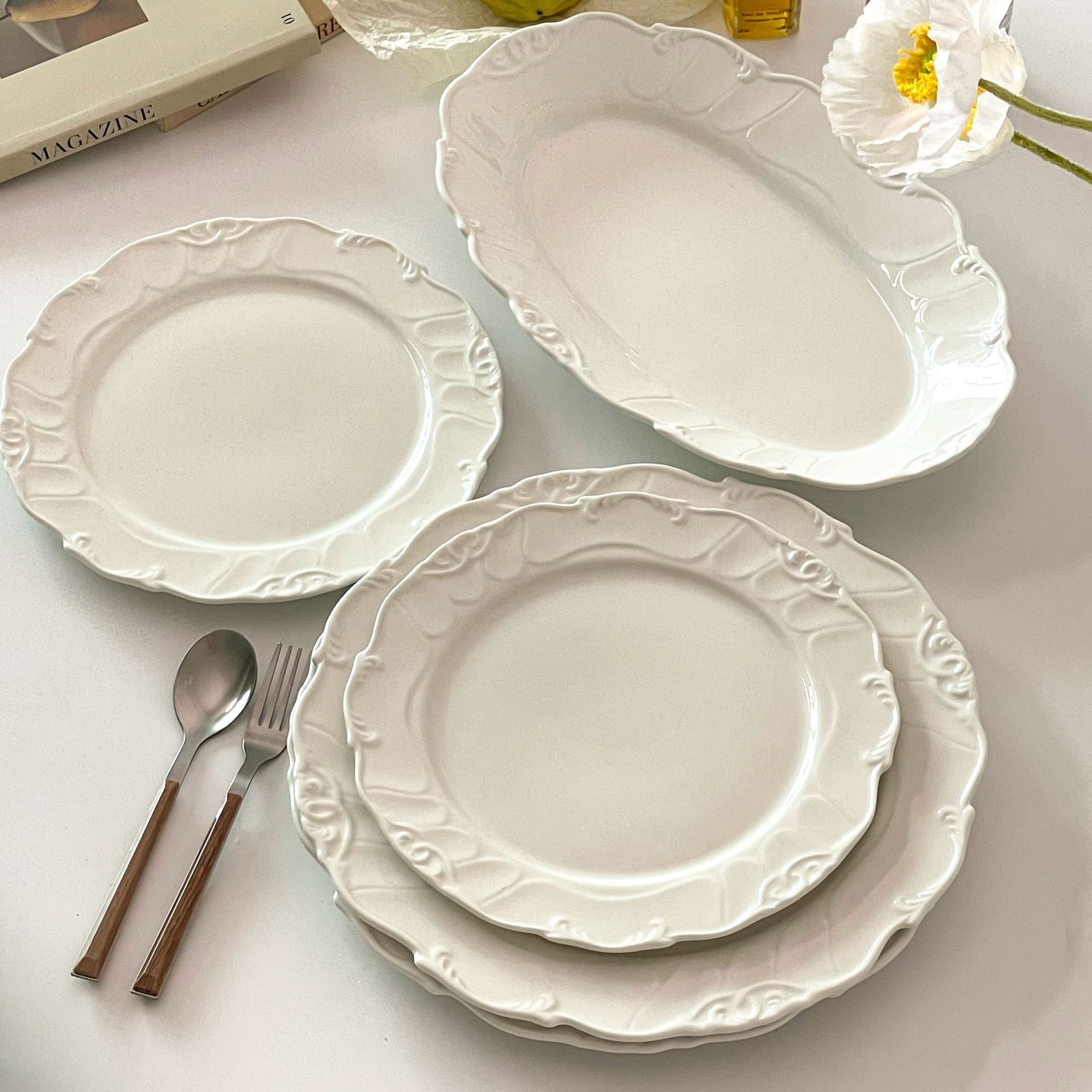 Elegant White Porcelain Wedding Dinnerware Set | Baroque Scalloped Plates & Serving Dishes for Bridal Reception