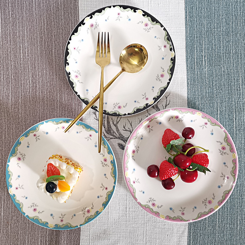 Whimsical Floral Wedding Appetizer Plates Set | Pastel Border Dessert Dishes with Gold Cutlery