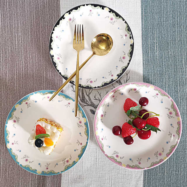 Whimsical Floral Wedding Appetizer Plates Set | Pastel Border Dessert Dishes with Gold Cutlery