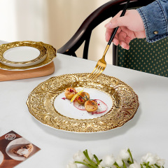 Luxury Gold Embossed Wedding Dinnerware Set | Ornate Metallic Plates for Bridal Reception & Wedding Banquet
