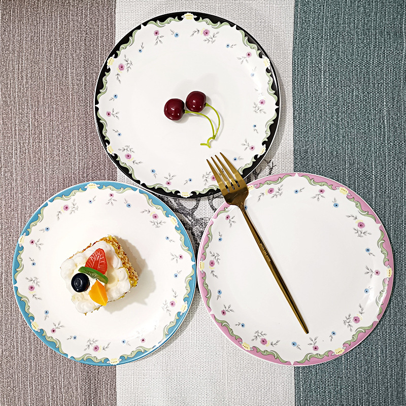 Whimsical Floral Wedding Appetizer Plates Set | Pastel Border Dessert Dishes with Gold Cutlery