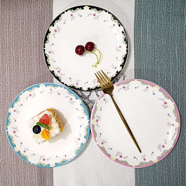 Whimsical Floral Wedding Appetizer Plates Set | Pastel Border Dessert Dishes with Gold Cutlery