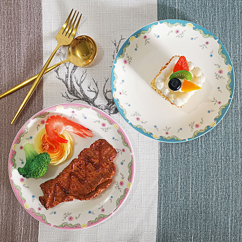 Whimsical Floral Wedding Appetizer Plates Set | Pastel Border Dessert Dishes with Gold Cutlery