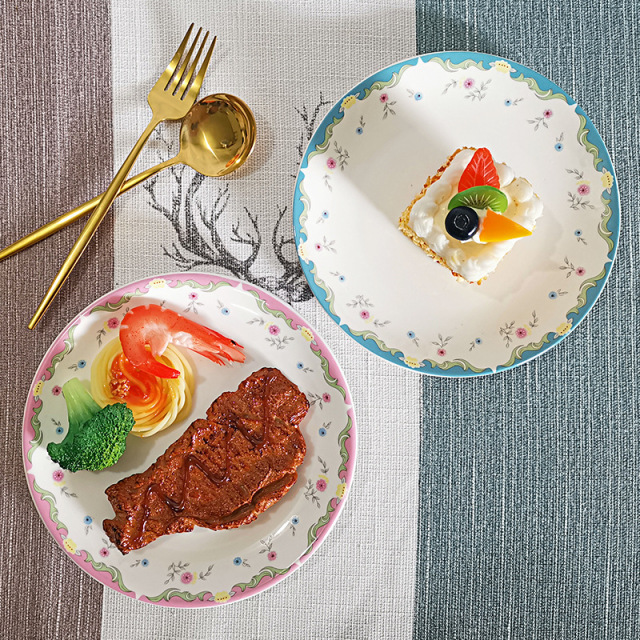 Whimsical Floral Wedding Appetizer Plates Set | Pastel Border Dessert Dishes with Gold Cutlery