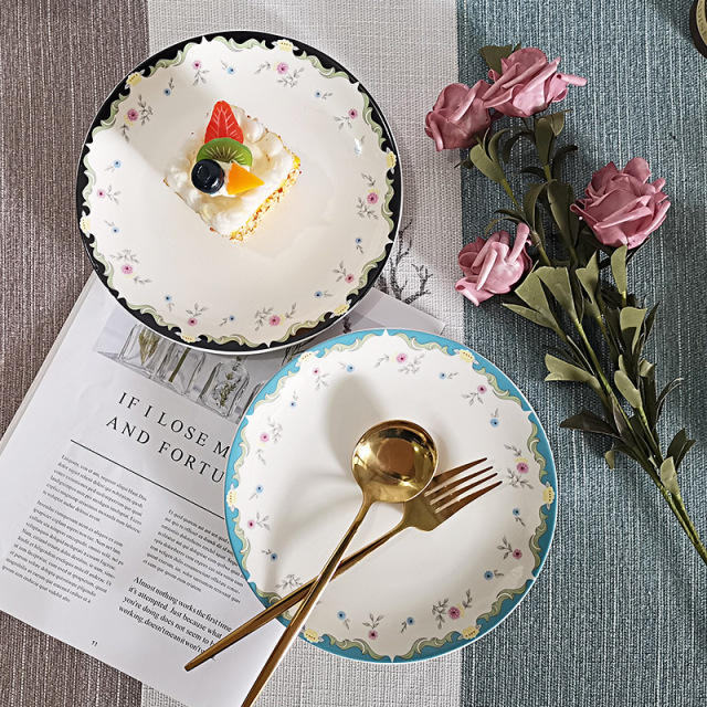 Whimsical Floral Wedding Appetizer Plates Set | Pastel Border Dessert Dishes with Gold Cutlery