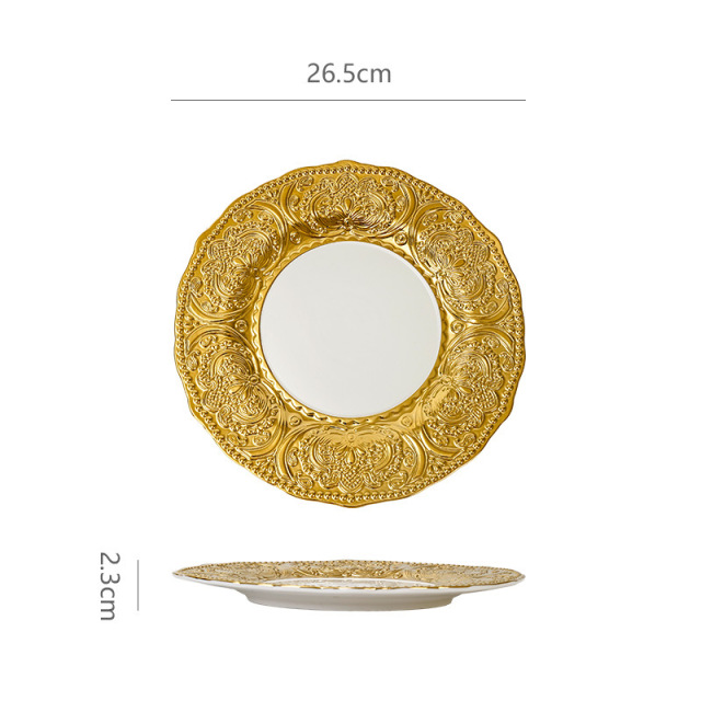 Luxury Gold Embossed Wedding Dinnerware Set | Ornate Metallic Plates for Bridal Reception & Wedding Banquet