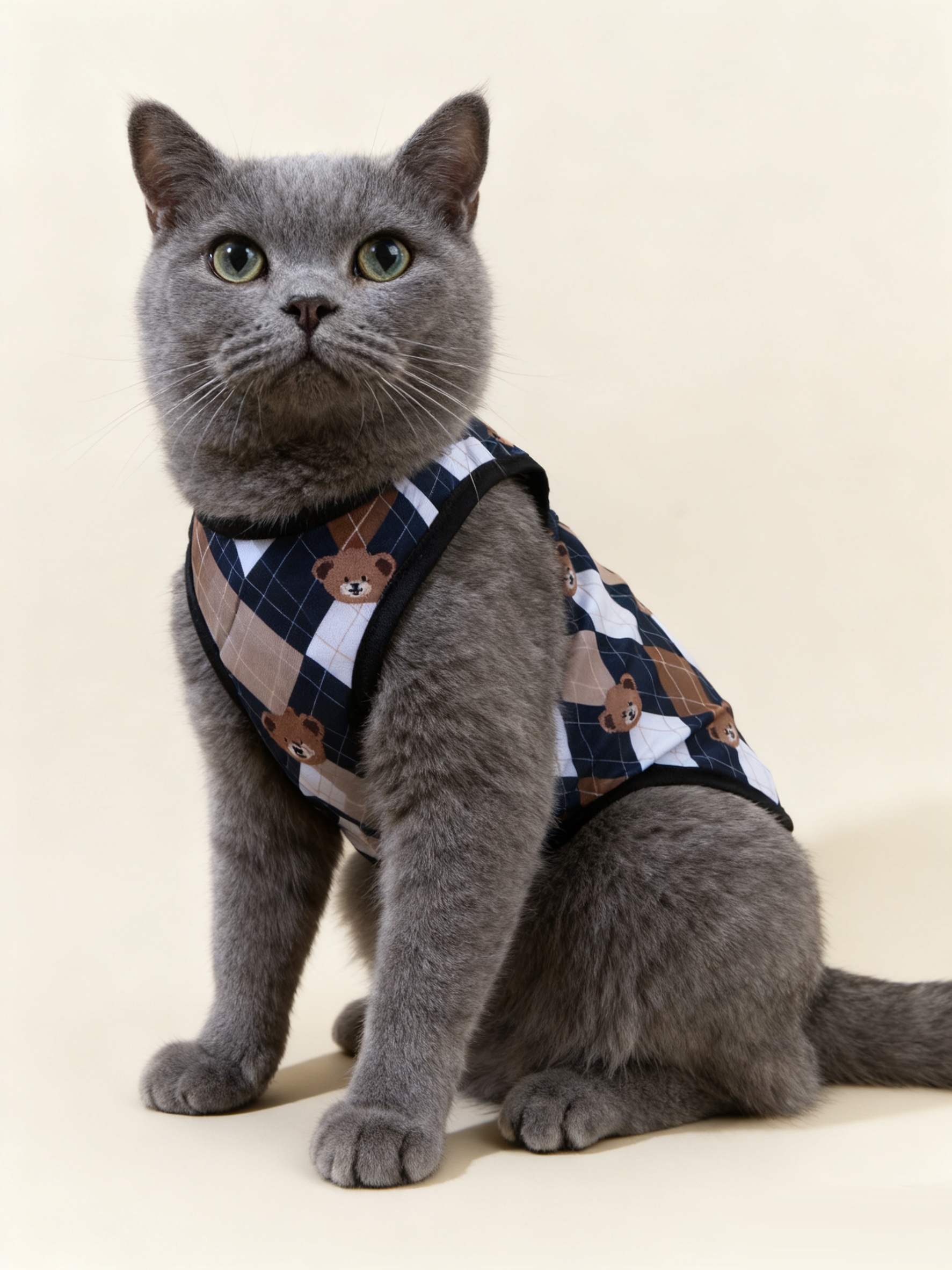 "Teddy Bear Argyle Plaid Cat Vest