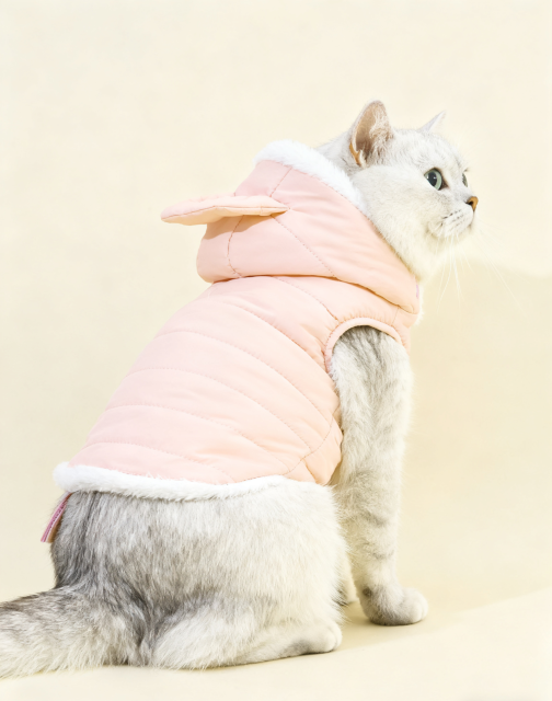 Pink Hooded Cat Puffer Vest with Bunny Ear Detail