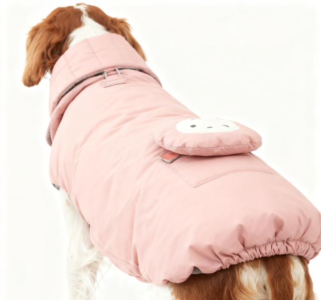 Blush Pink Dog Puffer Coat with Cute Accessory