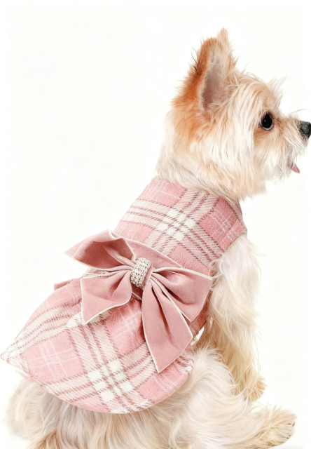 Pink Plaid Dog Dress with Rhinestone-Accented Bow