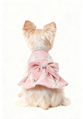 Pink Plaid Dog Dress with Rhinestone-Accented Bow