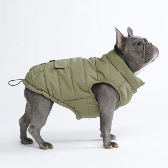 Olive Green Quilted Dog Vest with Functional Pockets
