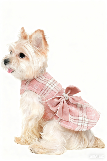 Pink Plaid Dog Dress with Rhinestone-Accented Bow