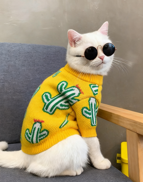 Yellow Cactus Printed Cat Sweater