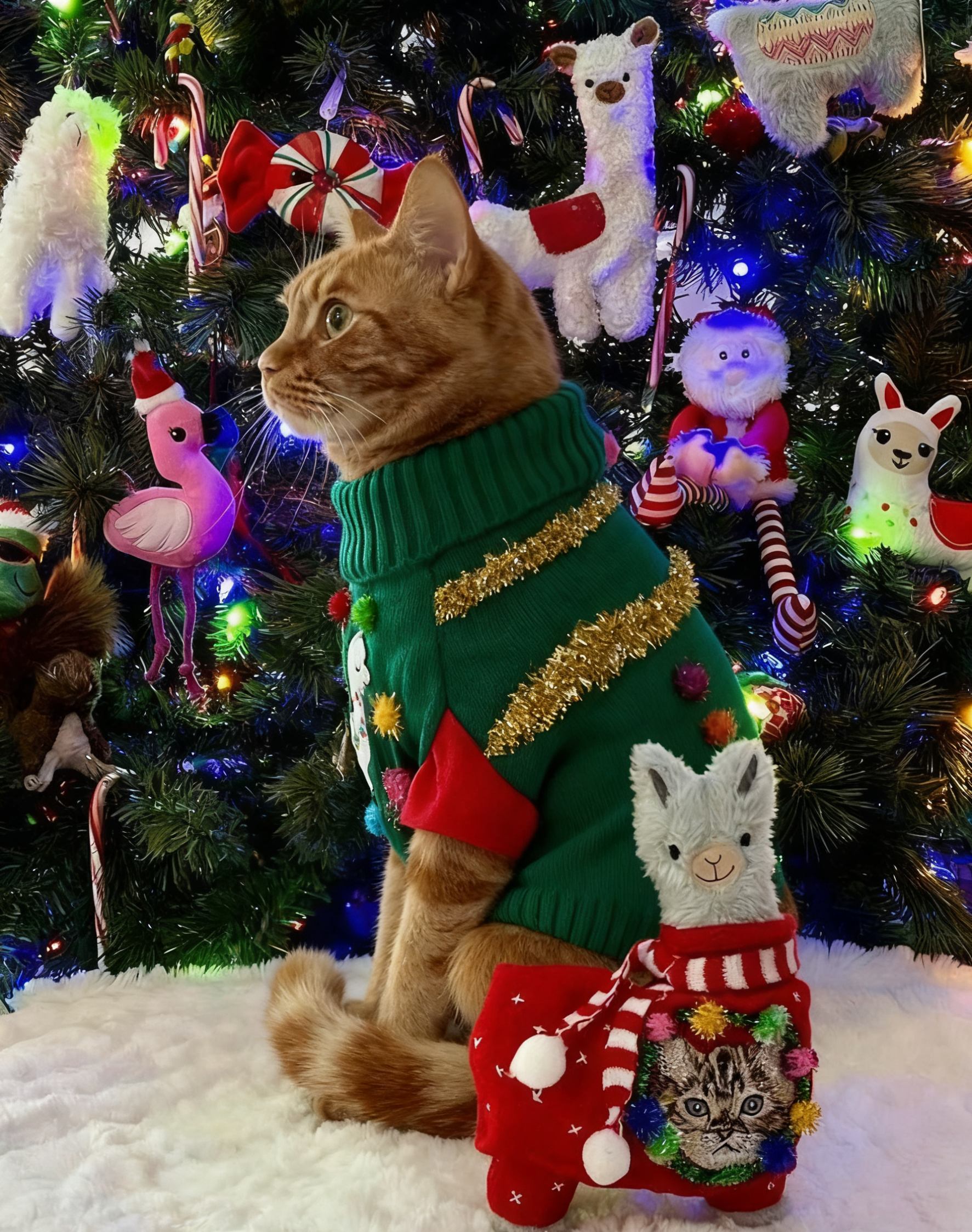 Green Llama Print Christmas Cat Sweater with Pom