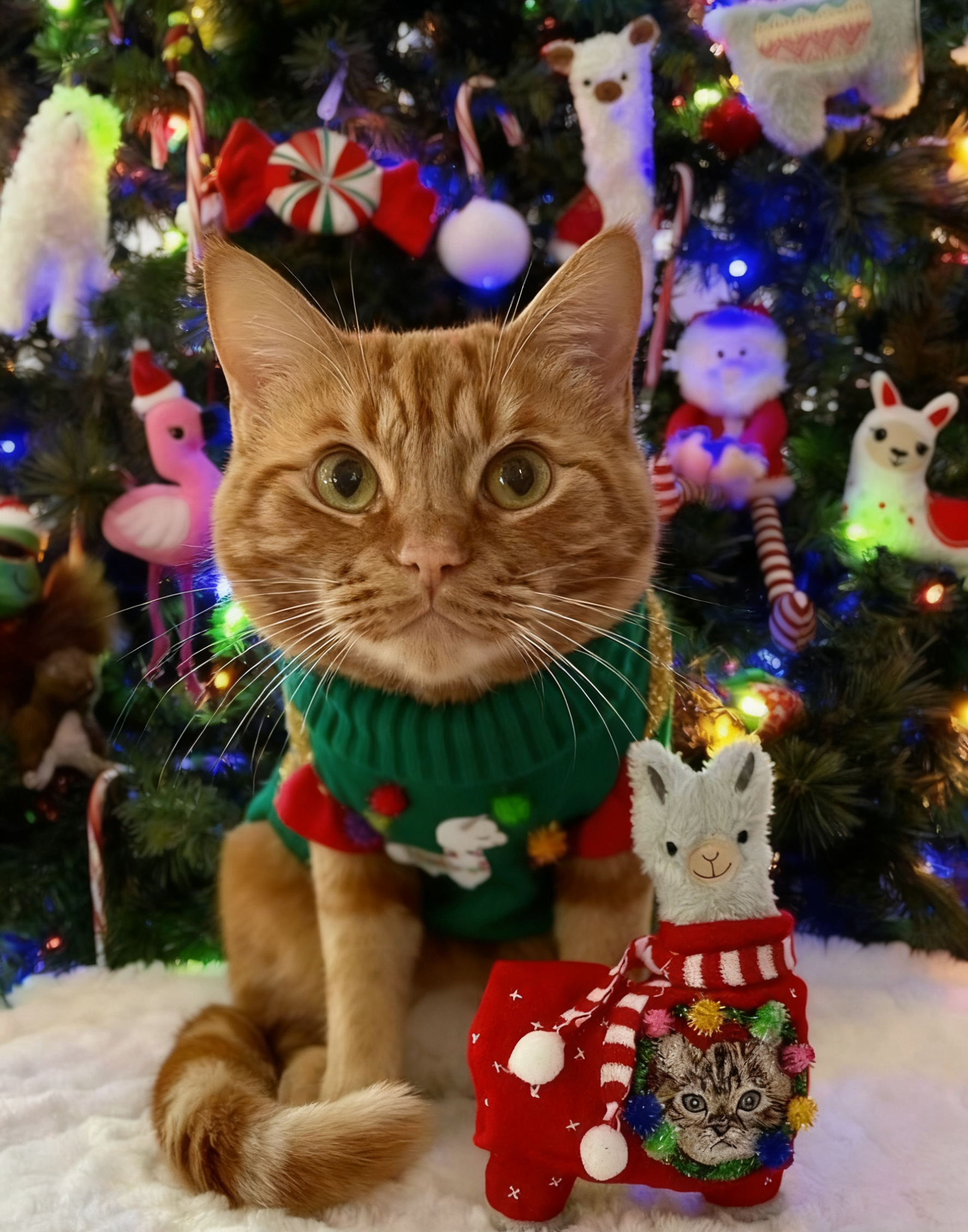 Green Llama Print Christmas Cat Sweater with Pom