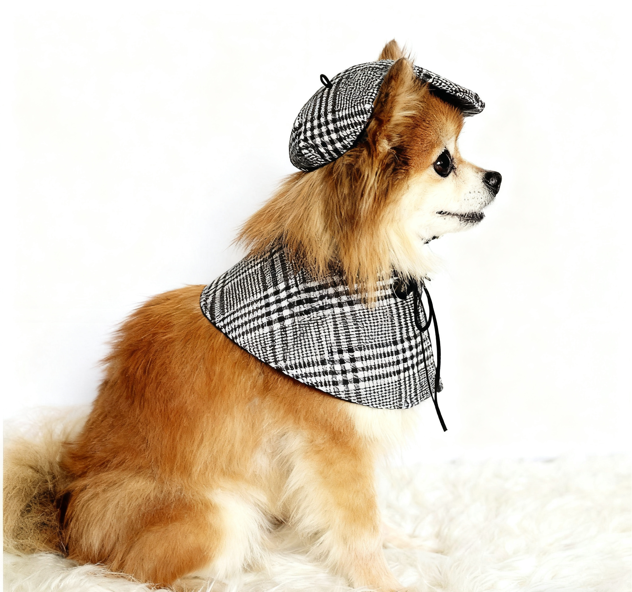 Black & White Plaid Dog Cape & Newsboy Hat Set