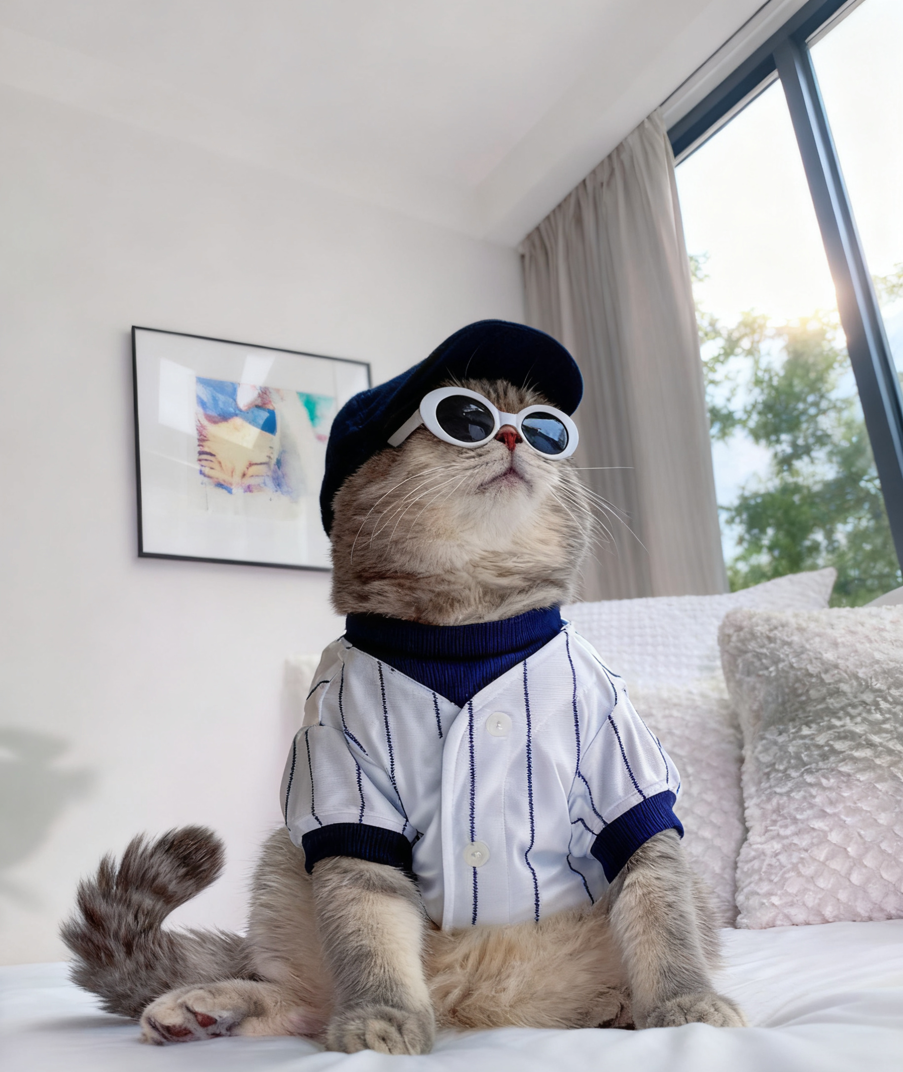 White & Navy Striped Cat Baseball Jersey