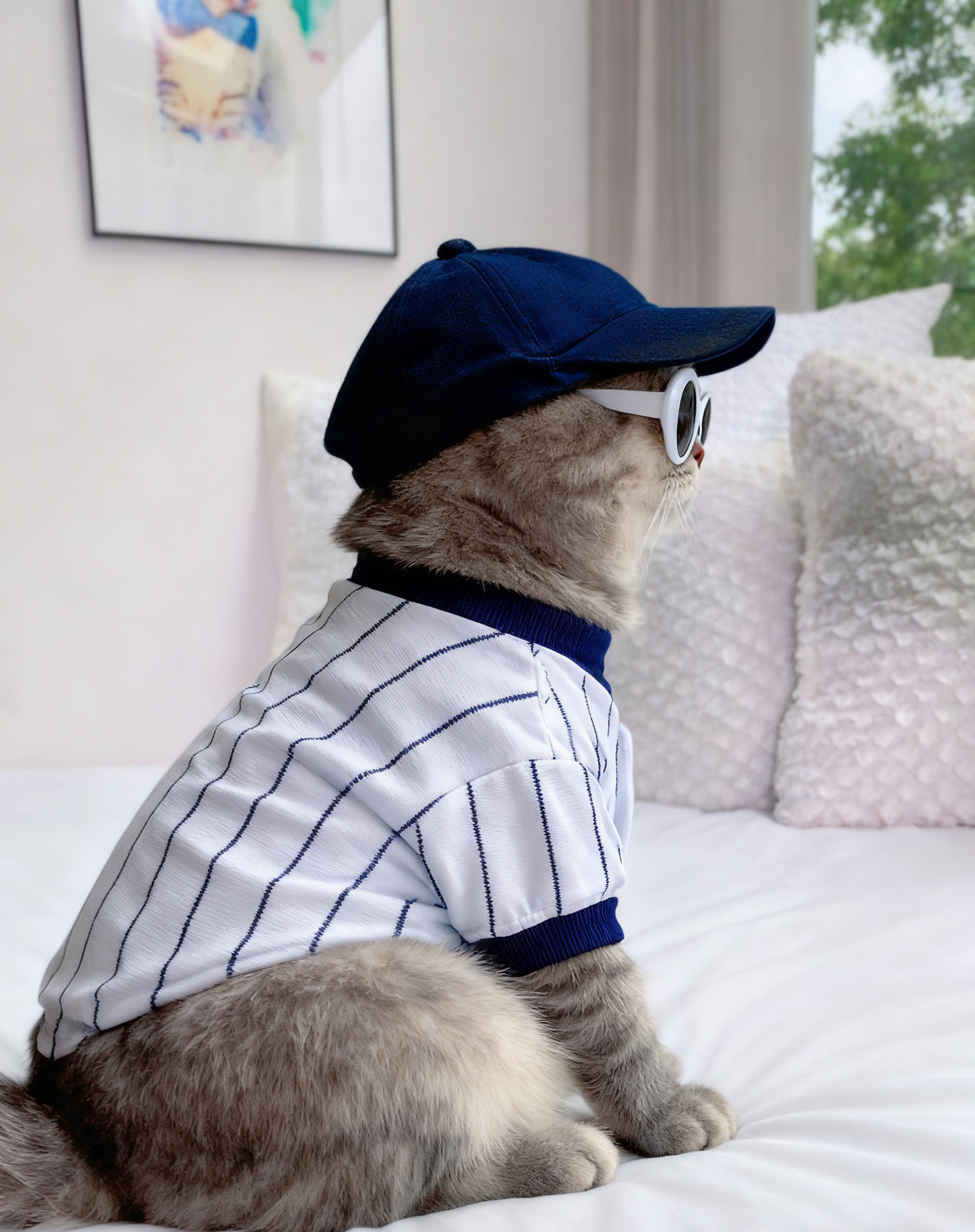 White & Navy Striped Cat Baseball Jersey