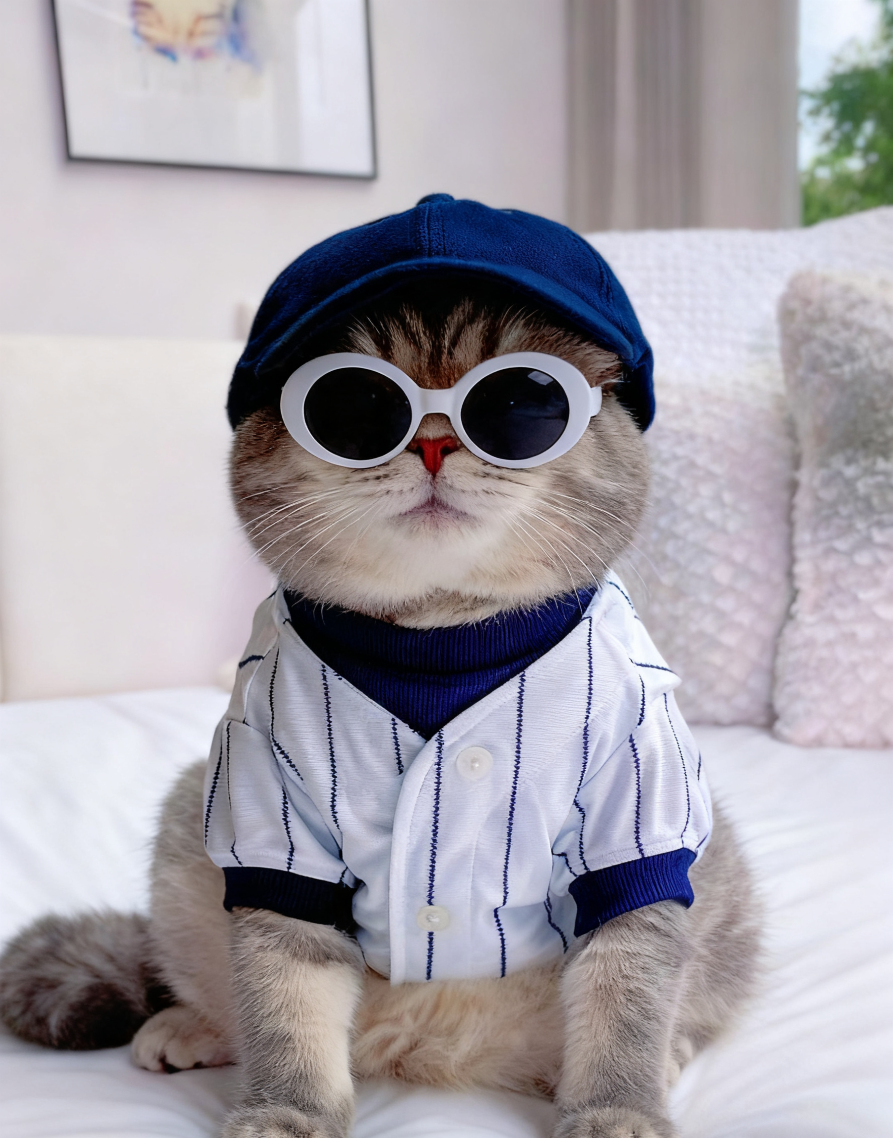 White & Navy Striped Cat Baseball Jersey