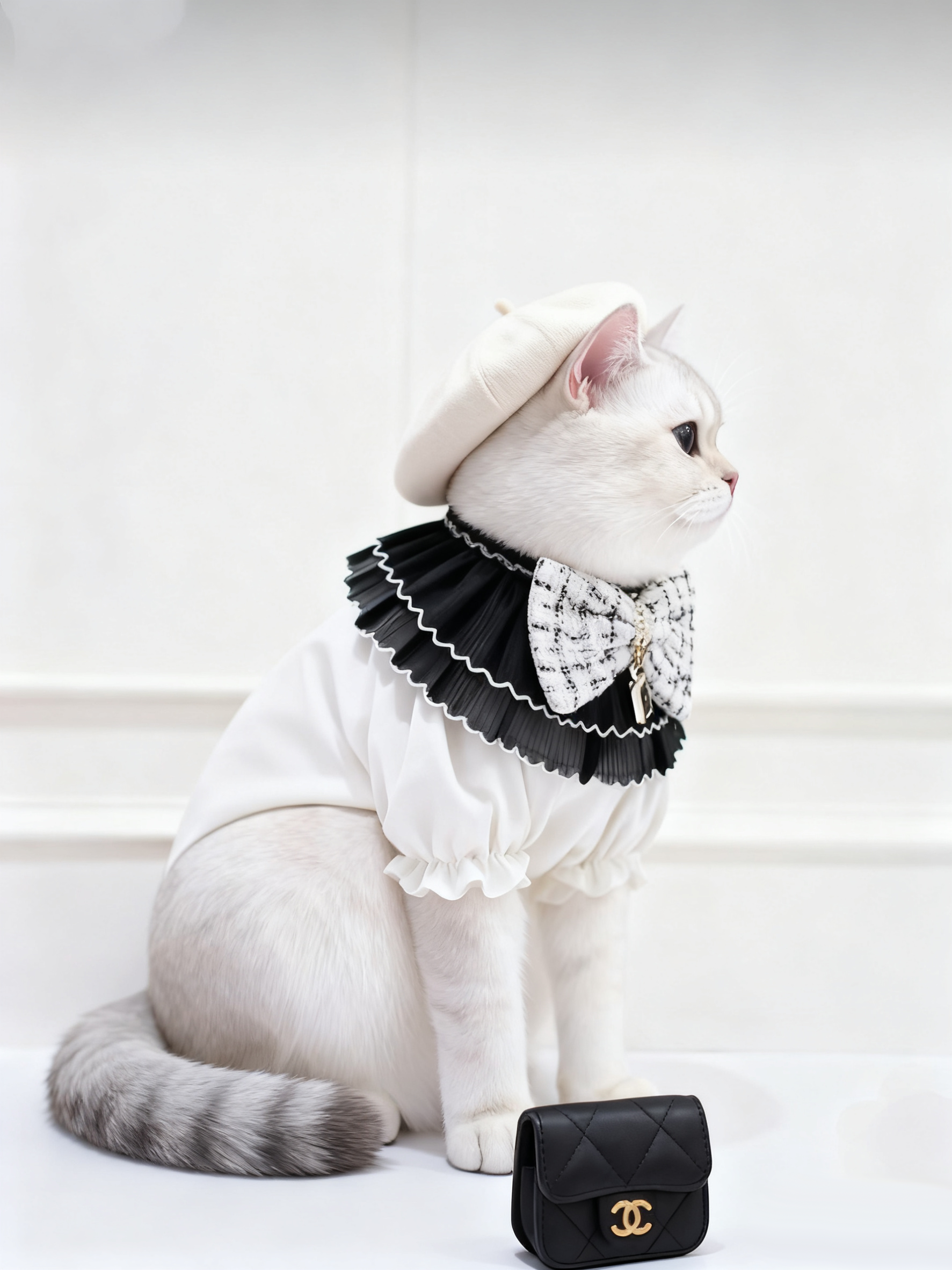 White Ruffled Blouse with Black Tulle Collar & Tweed Bow Tie for Cats