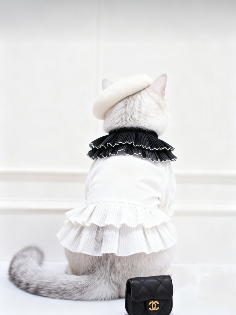 White Ruffled Blouse with Black Tulle Collar & Tweed Bow Tie for Cats