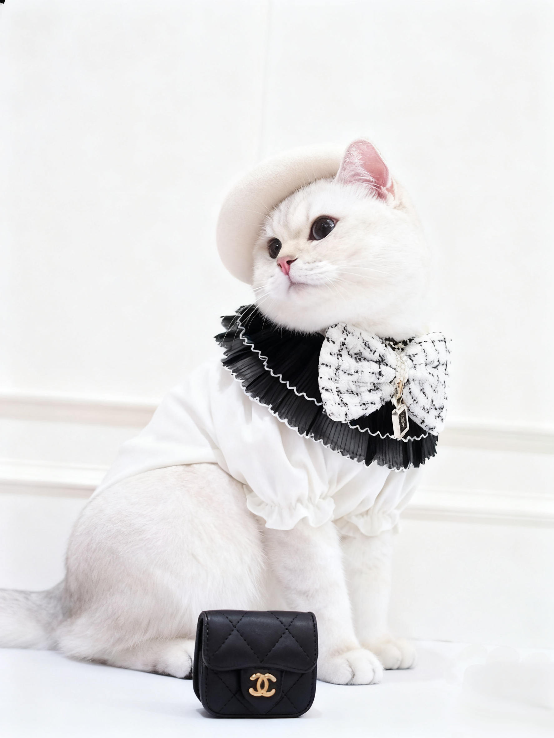 White Ruffled Blouse with Black Tulle Collar & Tweed Bow Tie for Cats