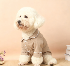 Beige Contrast Piping Dog Pajama Set