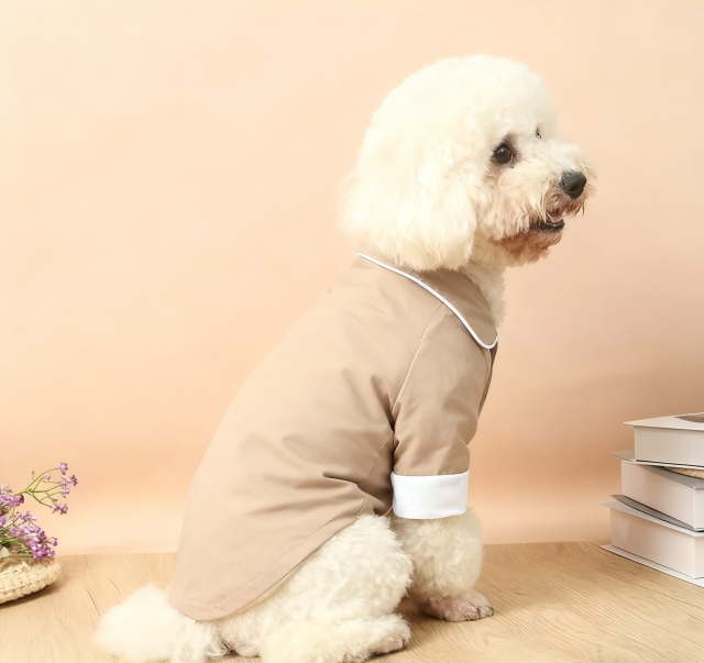 Beige Contrast Piping Dog Pajama Set